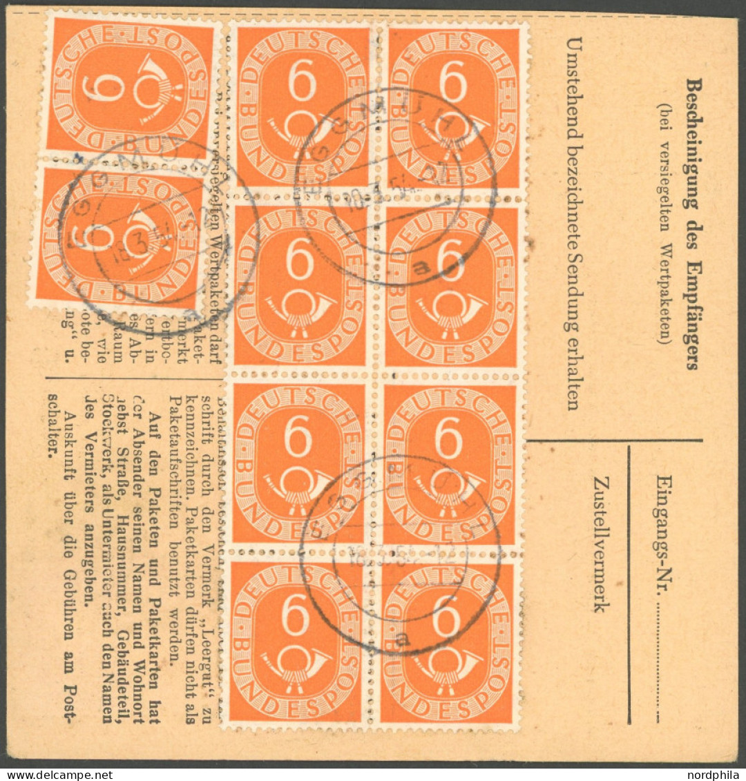 BUNDESREPUBLIK 126 BRIEF, 1954, 6 Pf. Posthorn Im Achterblock Und Waagerechten Paar Rückseitig Auf Paketkarte Als Selten - Andere & Zonder Classificatie