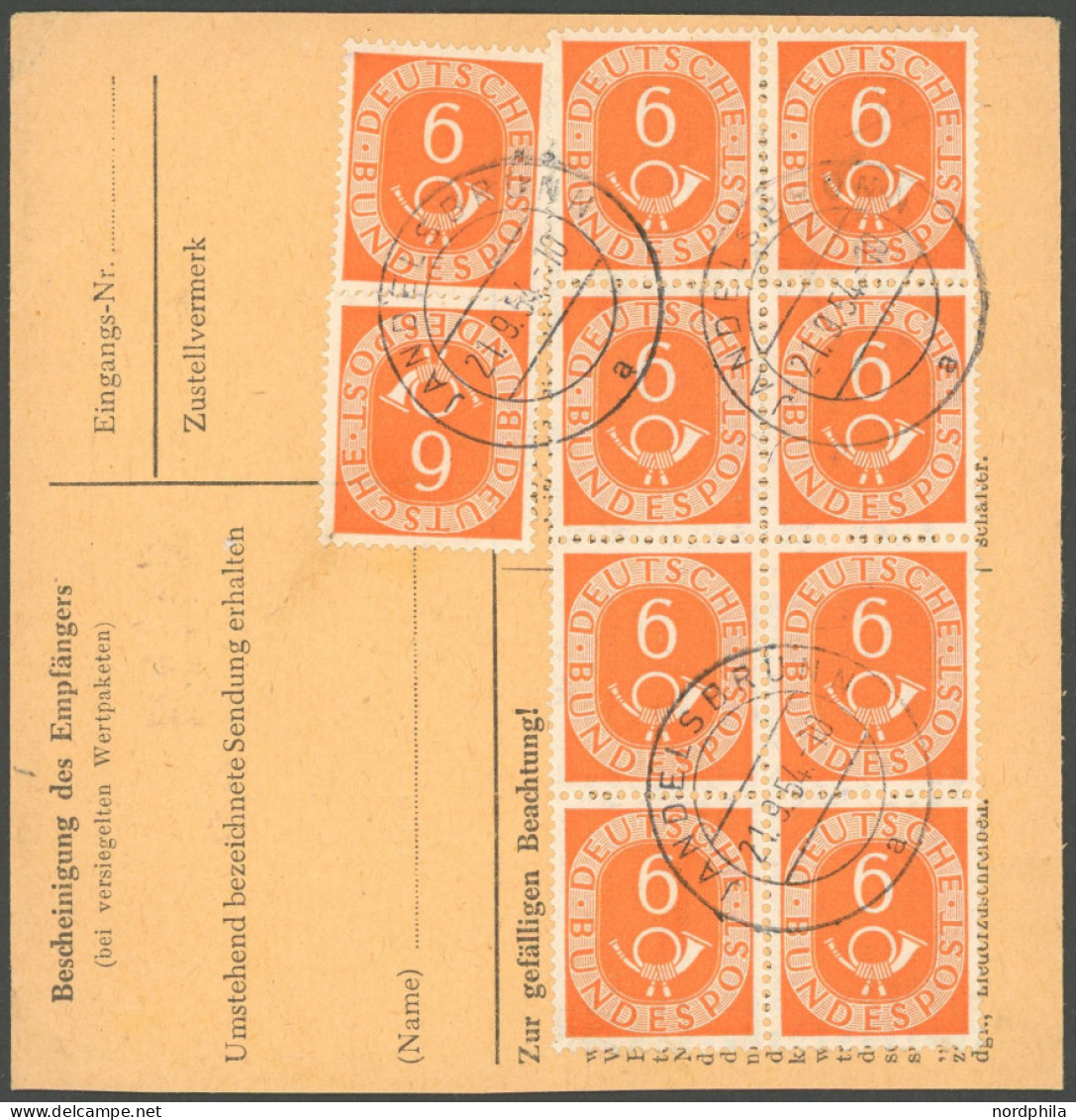 BUNDESREPUBLIK 126 BRIEF, 1954, 6 Pf. Posthorn Im Achterblock Rückseitig Auf Paketkarte Mit Zusatzfrankatur Aus JANDELSB - Otros & Sin Clasificación