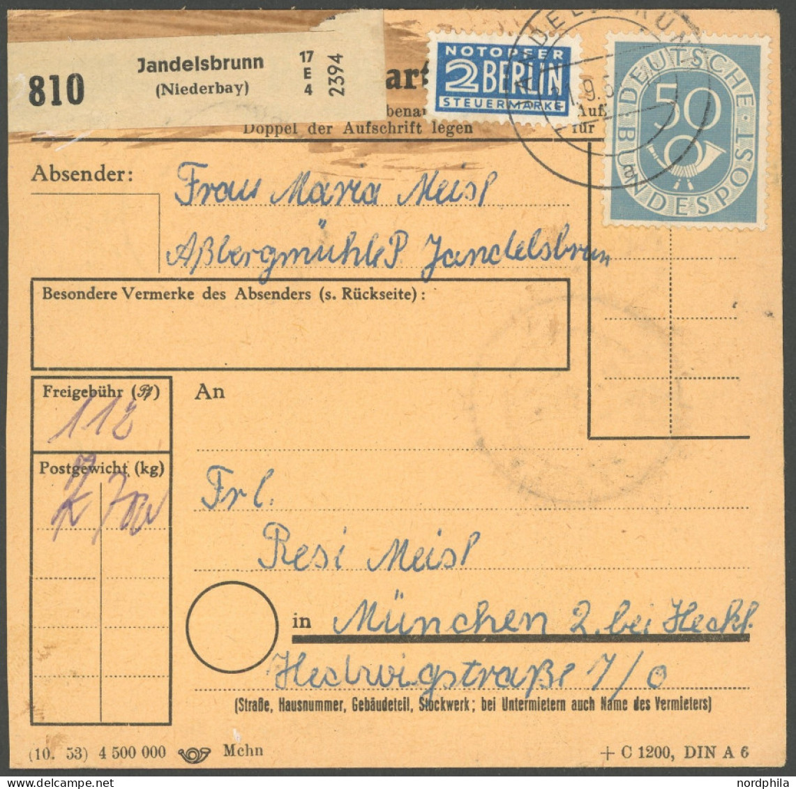 BUNDESREPUBLIK 126 BRIEF, 1954, 6 Pf. Posthorn Im Achterblock Rückseitig Auf Paketkarte Mit Zusatzfrankatur Aus JANDELSB - Autres & Non Classés