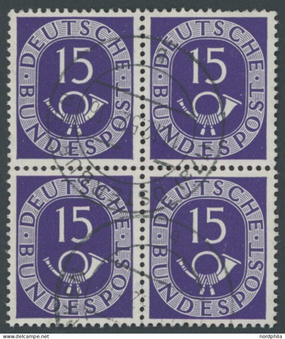 BUNDESREPUBLIK 129 VB O, 1951, 15 Pf. Posthorn Im Viererblock, Obere Rechte Marke Ein Paar Kurze Zähne Sonst Pracht - Gebruikt