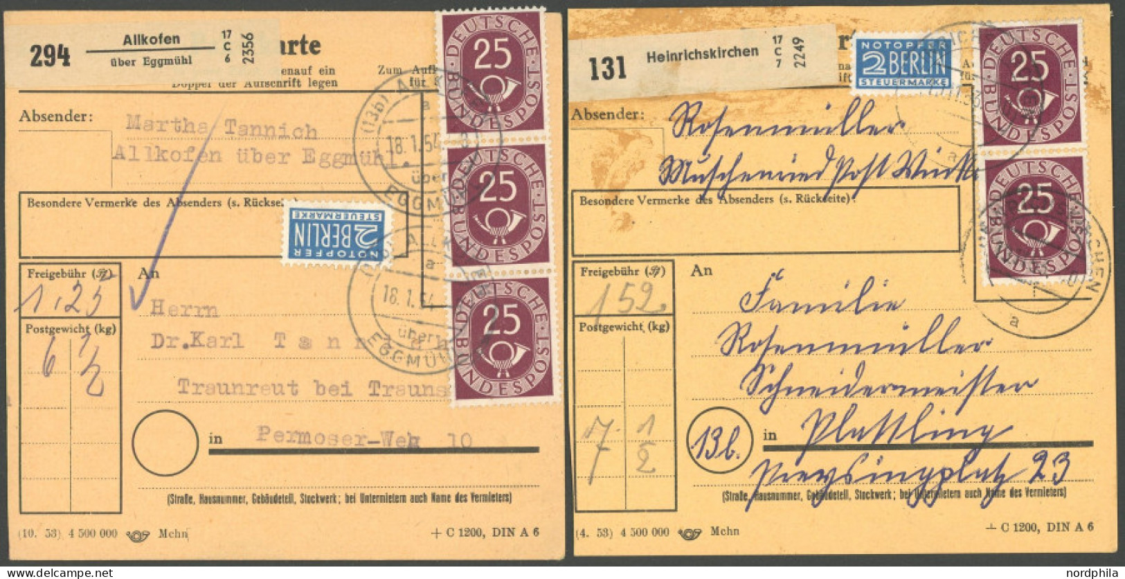 BUNDESREPUBLIK 131 BRIEF, 1954, 25 Pf. Posthorn, 2 Paketkarten Mit Verschiedenen Mehrfachfrankaturen (5 Bzw. 6 Marken),  - Other & Unclassified