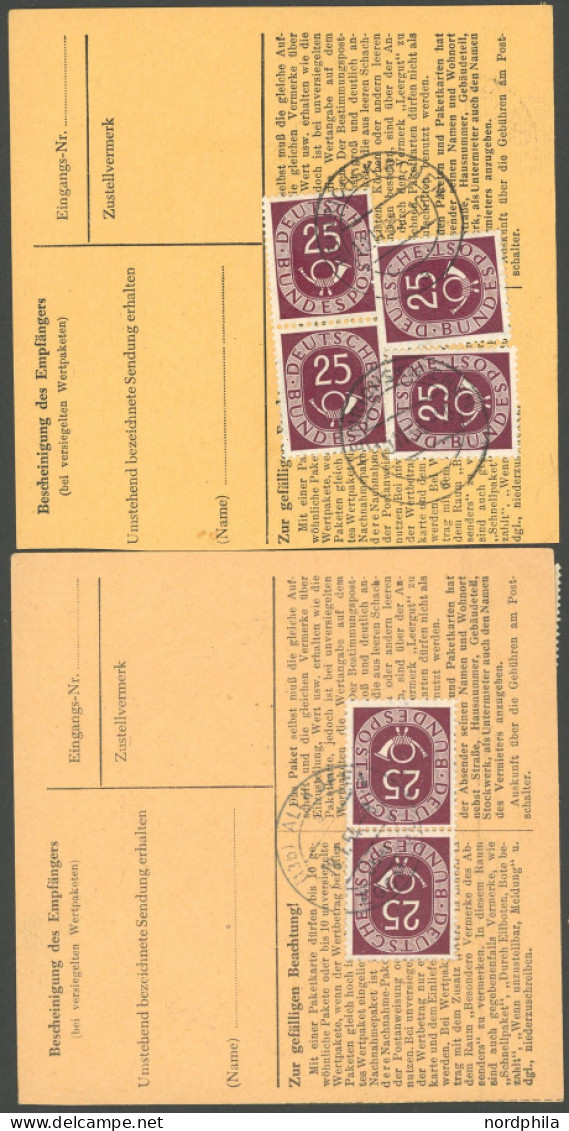 BUNDESREPUBLIK 131 BRIEF, 1954, 25 Pf. Posthorn, 2 Paketkarten Mit Verschiedenen Mehrfachfrankaturen (5 Bzw. 6 Marken),  - Sonstige & Ohne Zuordnung