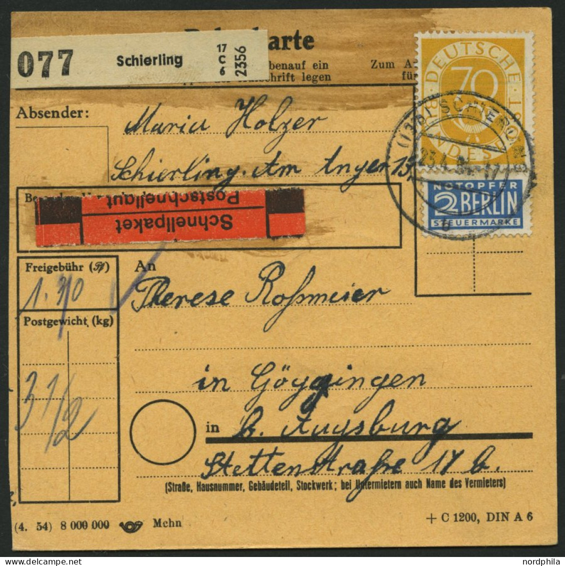 BUNDESREPUBLIK 132 Paar BRIEF, 1954, 30 Pf. Posthorn Im Waagerechten Paar Rückseitig Mit 110 Pf. Zusatzfrankatur Auf Pak - Briefe U. Dokumente