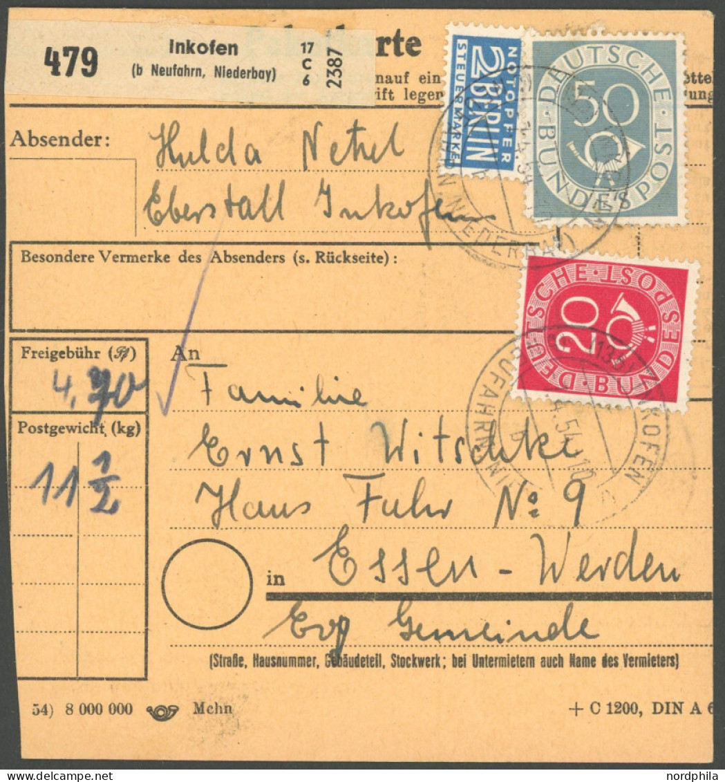 BUNDESREPUBLIK 134 BRIEF, 1954, 50 Pf. Posthorn Im Achterblock Rückseitig Auf Paketkarte Mit Zusatzfrankatur Aus INKOFEN - Other & Unclassified