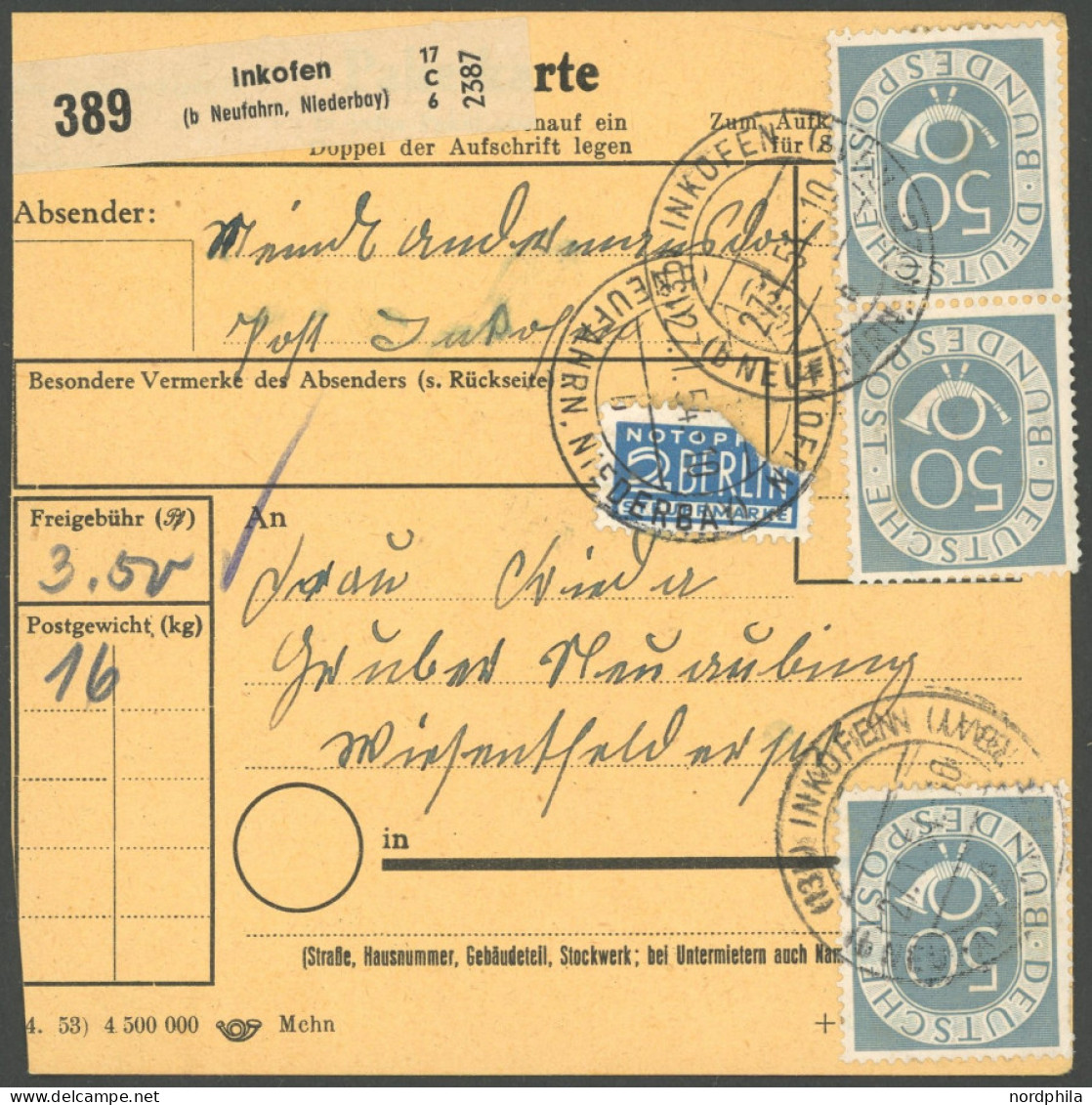 BUNDESREPUBLIK 134 VB BRIEF, 1954, 50 Pf. Posthorn Im Viererblock Rückseitig Auf Paketkarte Mit 3-mal 50 Pf. Zusatzfrank - Autres & Non Classés