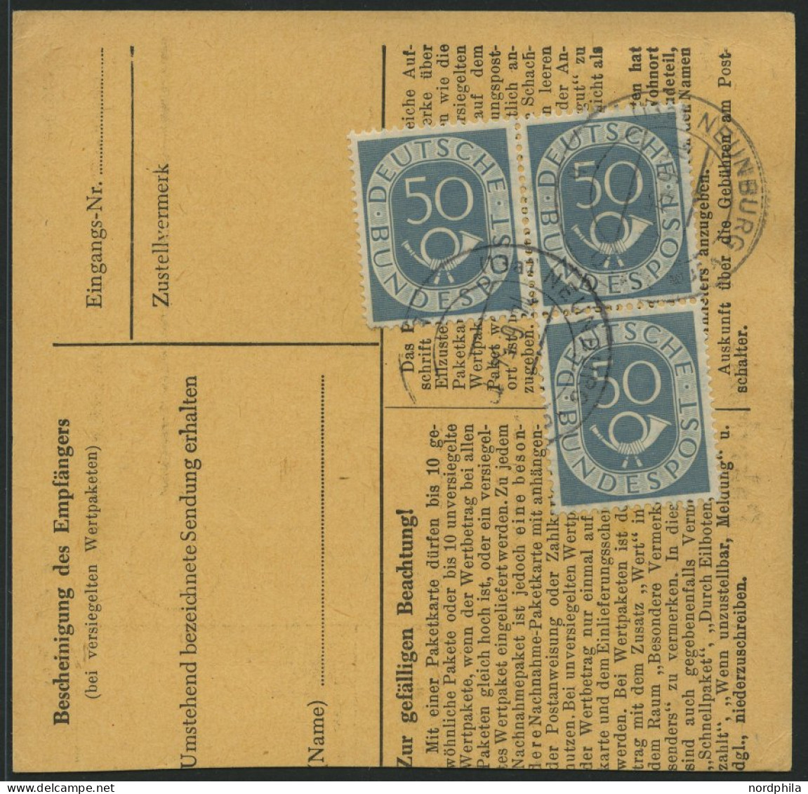 BUNDESREPUBLIK 134 Paar BRIEF, 1954, 50 Pf. Posthorn, 4x, Dabei Ein Dreierblock, Als Mehrfachfrankatur Auf Paketkarte Au - Covers & Documents