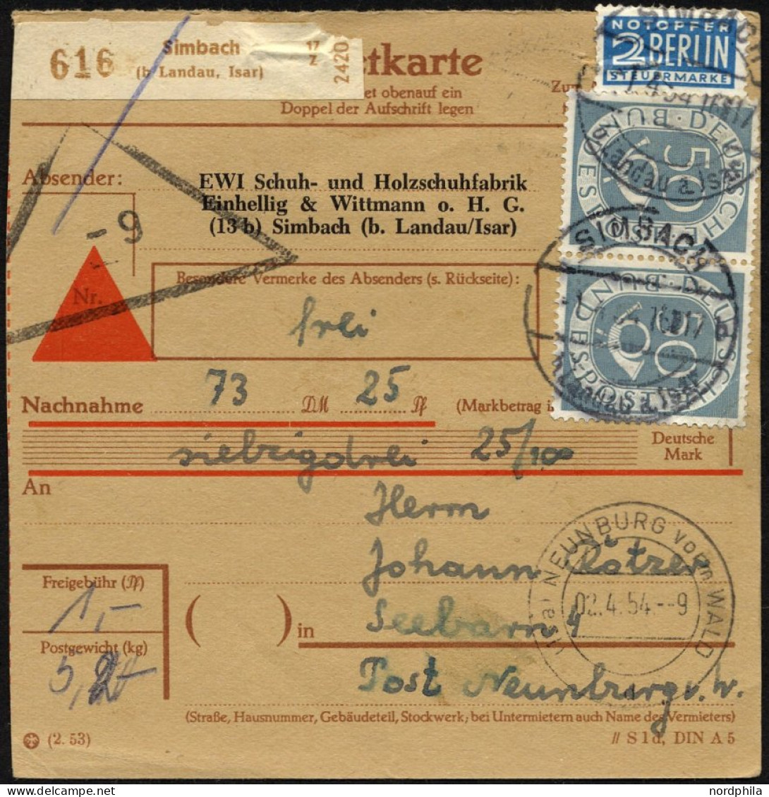 BUNDESREPUBLIK 134 Paar BRIEF, 1954, 50 Pf. Posthorn Im Waagerechten Paar Als Mehrfachfrankatur Auf Nachnahme-Paketkarte - Briefe U. Dokumente