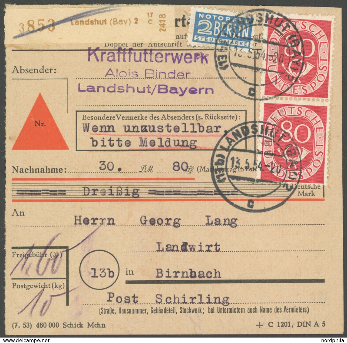 BUNDESREPUBLIK 137 Paar BRIEF, 1954, 80 Pf. Posthorn Im Senkrechten Paar Als Mehrfachfrankatur Auf Nachnahme-Paketkarte  - Sonstige & Ohne Zuordnung