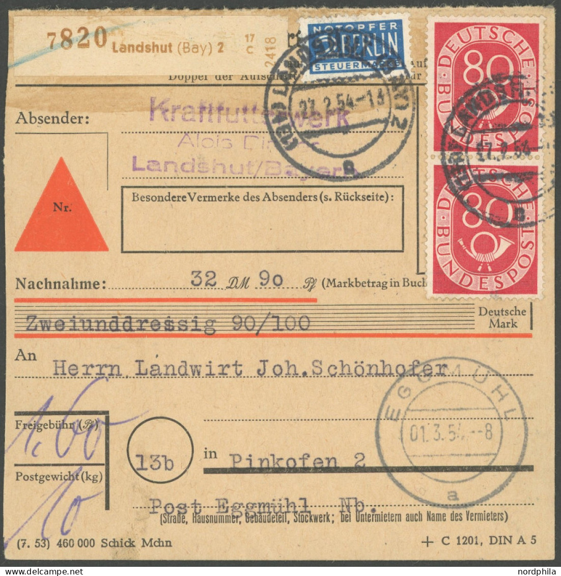 BUNDESREPUBLIK 137 Paar BRIEF, 1954, 80 Pf. Posthorn Im Senkrechten Paar Als Mehrfachfrankatur Auf Nachnahme-Paketkarte  - Sonstige & Ohne Zuordnung