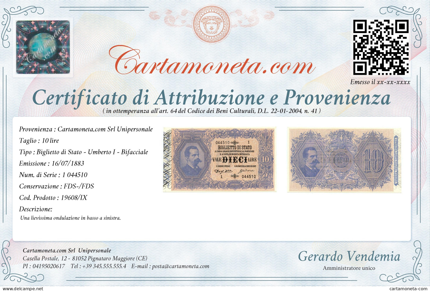 10 LIRE BIGLIETTO STATO UMBERTO I BIFACCIALE PRIMA SERIE 1 16/07/1883 FDS-/FDS - Sonstige