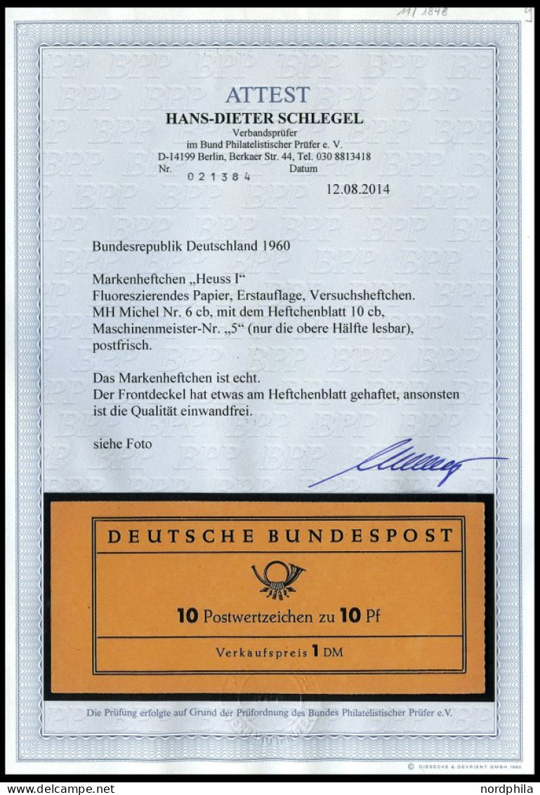 ZUSAMMENDRUCKE MH 6cb , 1960, Markenheftchen Heuss Lumogen, Erstauflage, Mit Druckereizeichen 5 (nur Die Obere Hälfte Le - Sonstige & Ohne Zuordnung