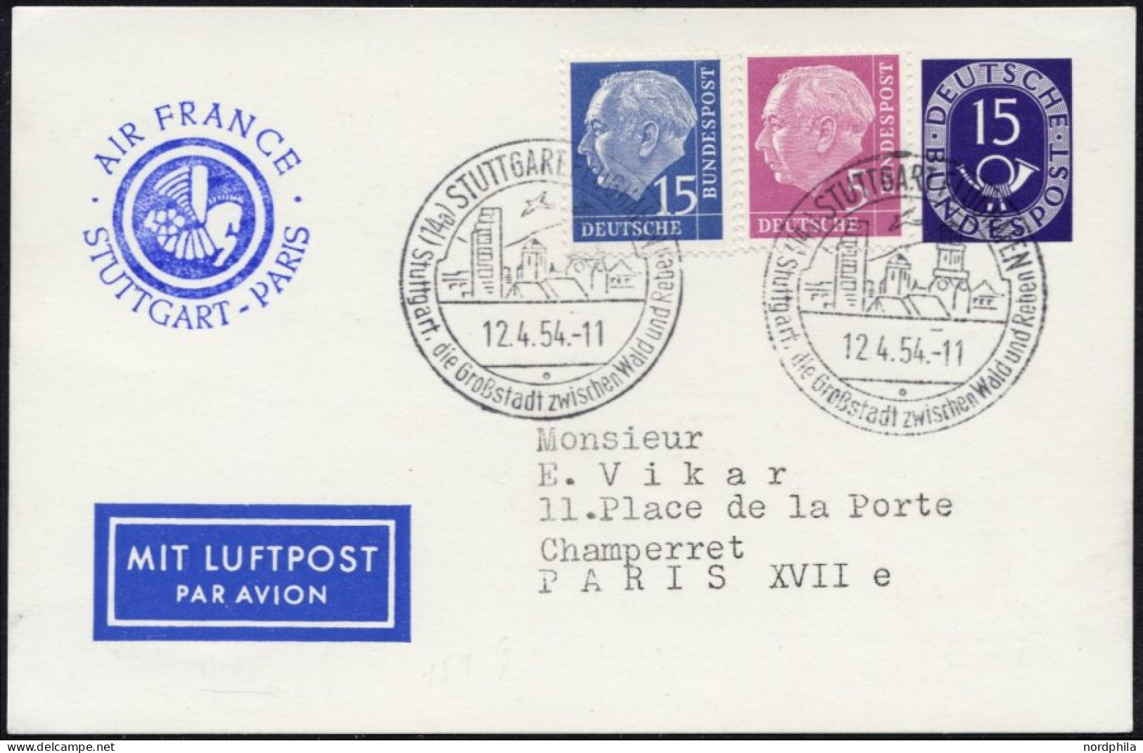 GANZSACHEN PP 4 BRIEF, 1954, 15 Pf. Posthorn Mit 5 Und 15 Pf. Heuß-Zusatzfrankatur, Erstflugkarte Stuttgart-Paris (Haber - Otros & Sin Clasificación