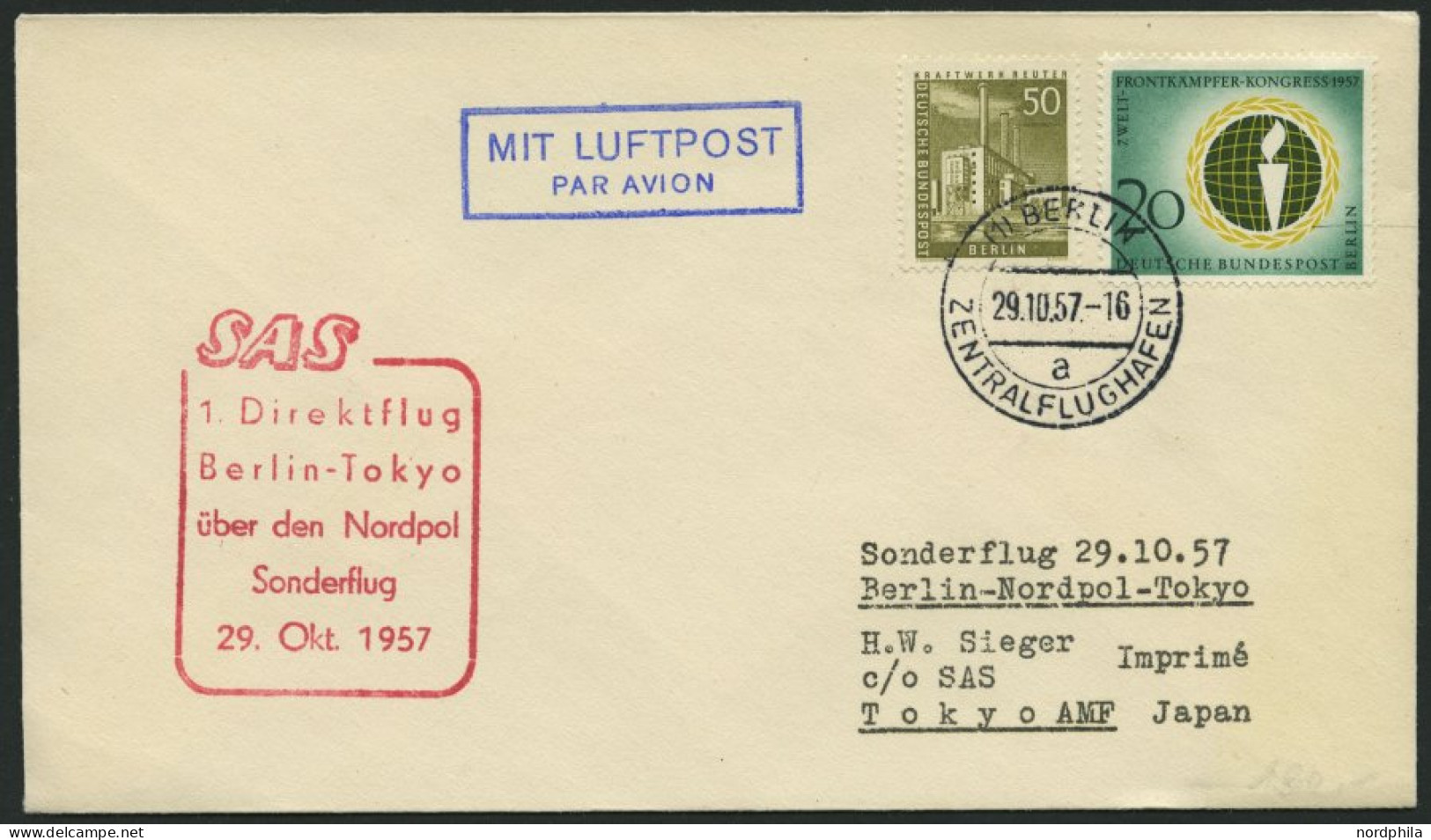 ERST-UND ERÖFFNUNGSFLÜGE 29.10.57, Berlin-Tokyo, 1. Direktflug über Den Nordpol, Prachtbrief - Lettres & Documents