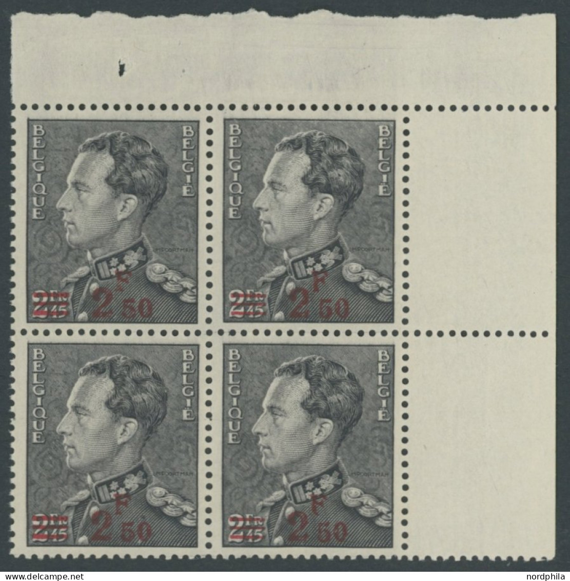 BELGIEN 479 VB , 1938, 2.50 Fr. Auf 2.45 Fr. König Leopold III Im Oberen Rechten Eckrandviererblock, Pracht, Mi. (120.-) - Other & Unclassified