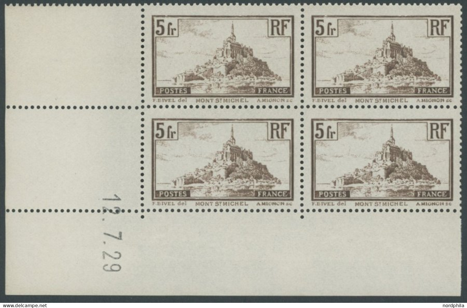 FRANKREICH 240a VB , 1930, 5 Fr. Dunkelbraun Mont-Saint-Michel Im Eckrandviererblock Mit Druckdatum, Postfrisch, Pracht - Other & Unclassified