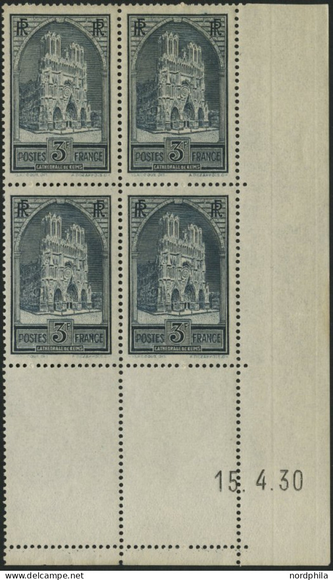 FRANKREICH 256I VB , 1930, 3 Fr. Kathedrale Von Reims, Type I, Im Eckrandviererblock Mit Druckdatum: 15.4.30, Pracht, Fo - Other & Unclassified
