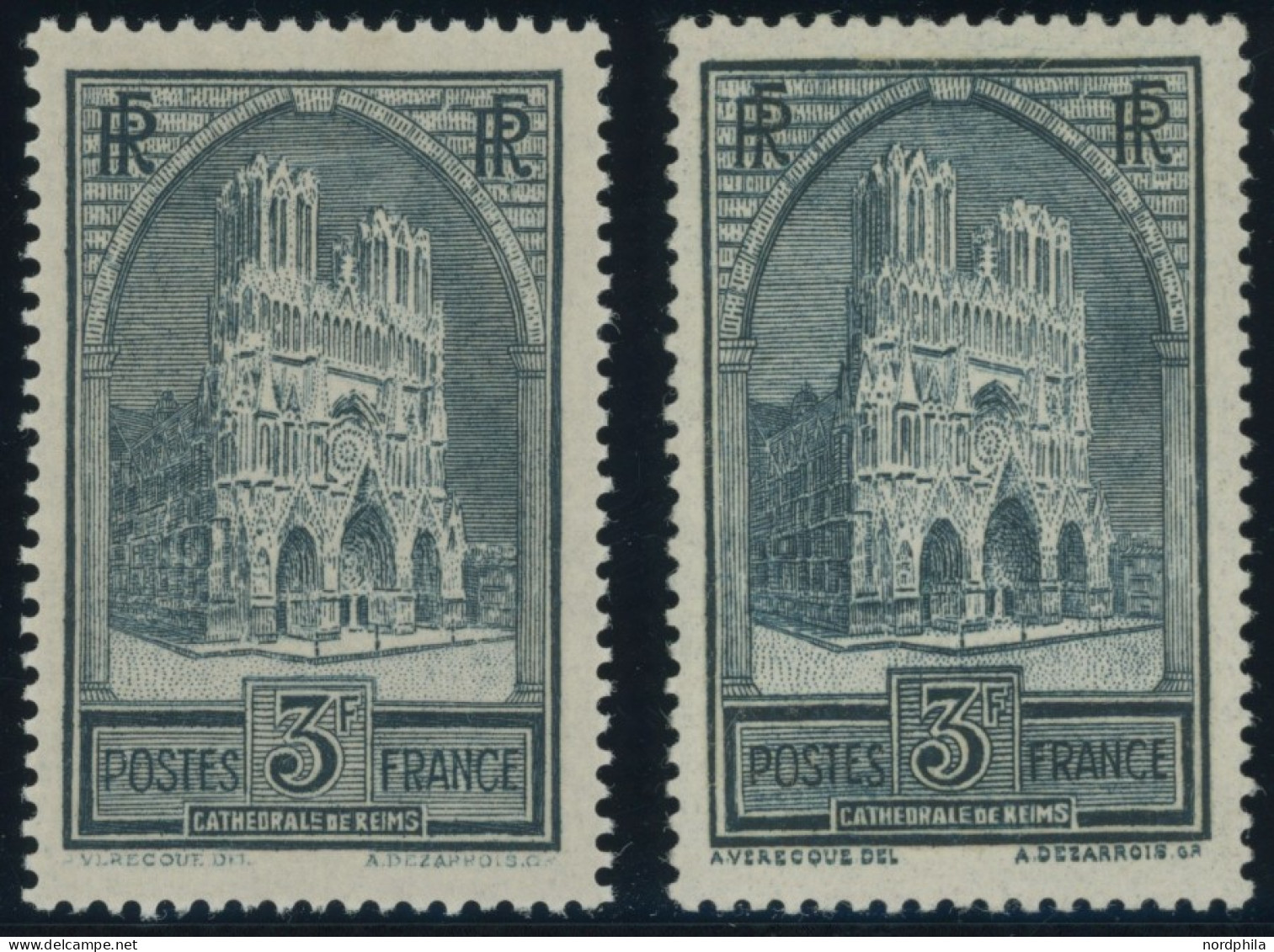 FRANKREICH 256I,II , 1930, 3 Fr. Kathedrale Von Reims, Type I Und II, Falzrest, 2 Prachtwerte - Sonstige & Ohne Zuordnung