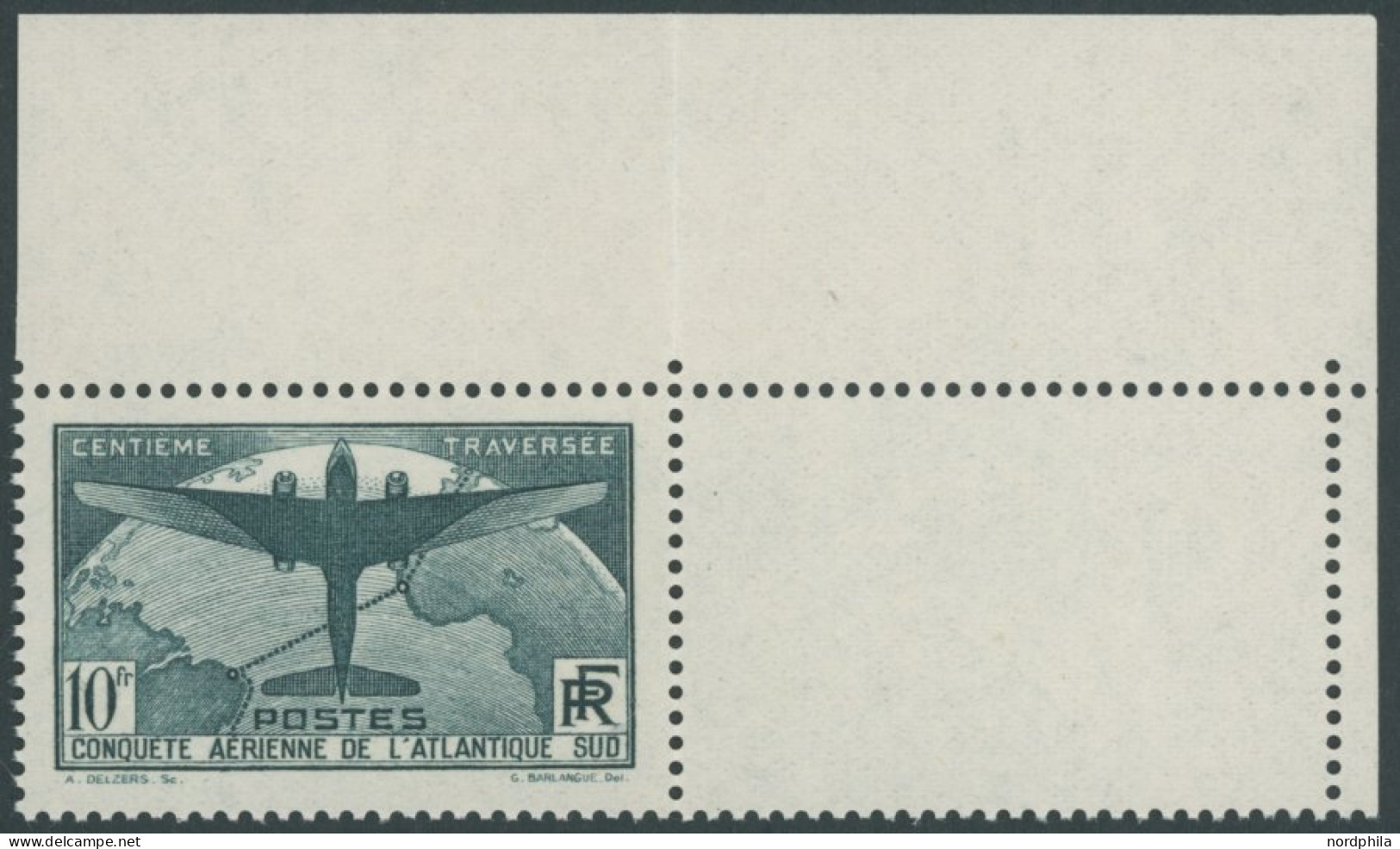 FRANKREICH 327 , 1936, 10 Fr. Ozeanüberquerung Mit Rechtem Leerfeld, Pracht - Sonstige & Ohne Zuordnung