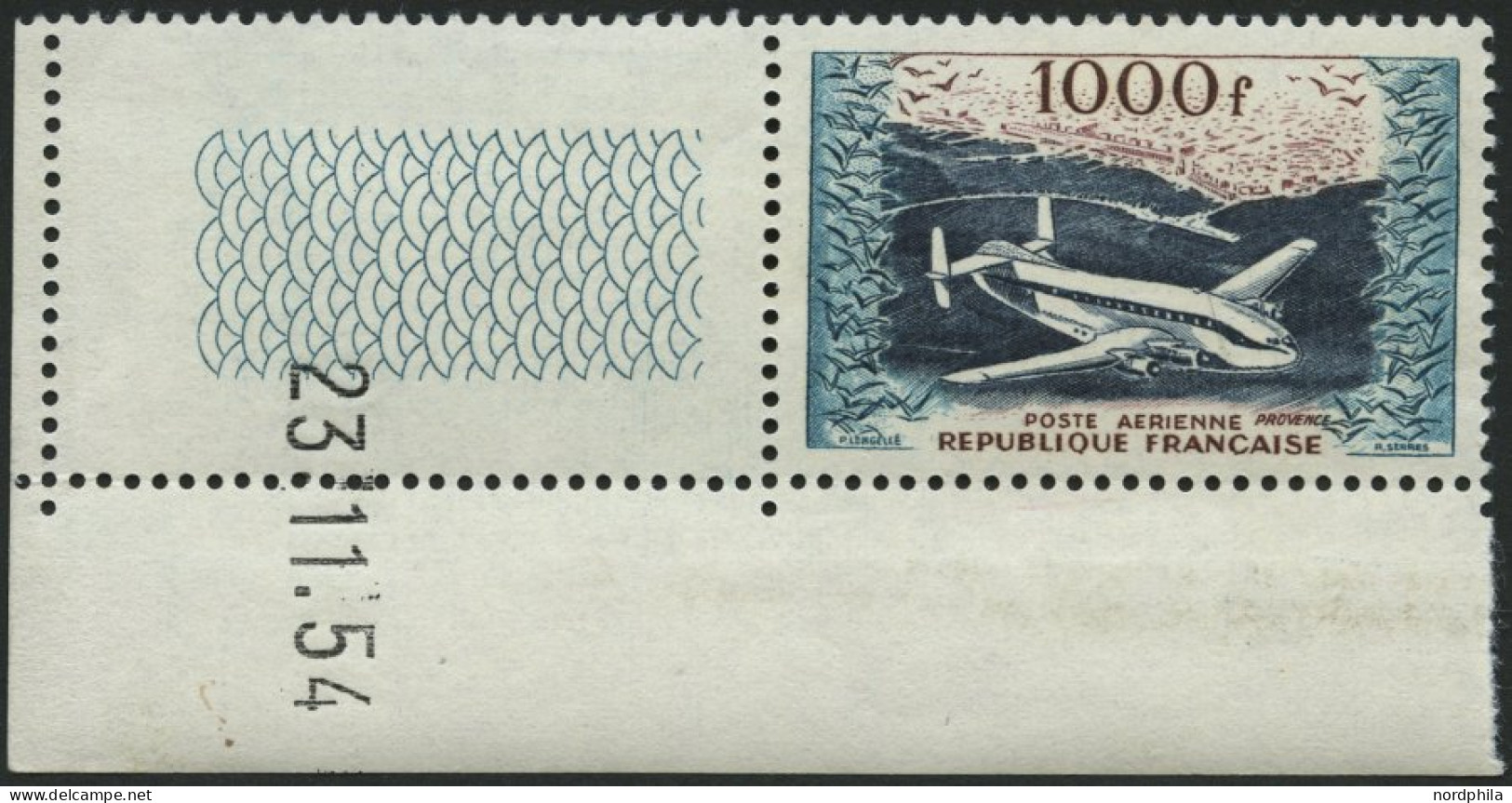 FRANKREICH 990 , 1954, 1000 Fr. Frachtflugzeug, Bogenrand Mit Druckdatum, Pracht - Sonstige & Ohne Zuordnung