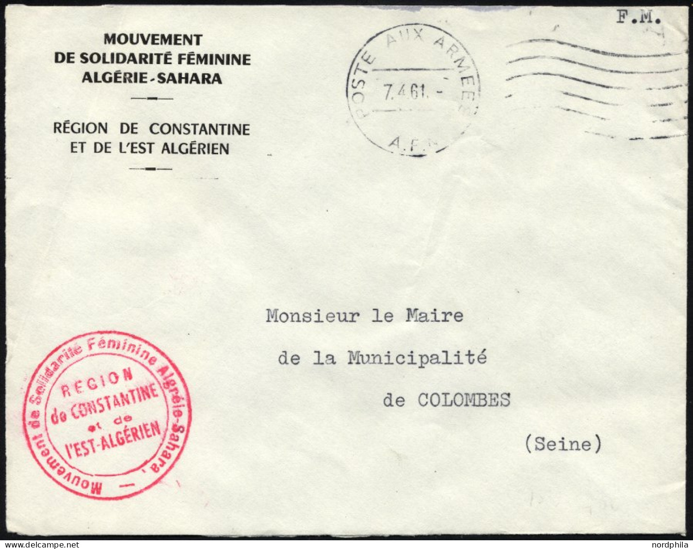 FRANKREICH FELDPOST 1961, K1 POSTE AUX ARMEES/A.F.N. Auf Armeebrief Der Frauensolidaritätsbewegung Der Sahara-Region Alg - Algerienkrieg