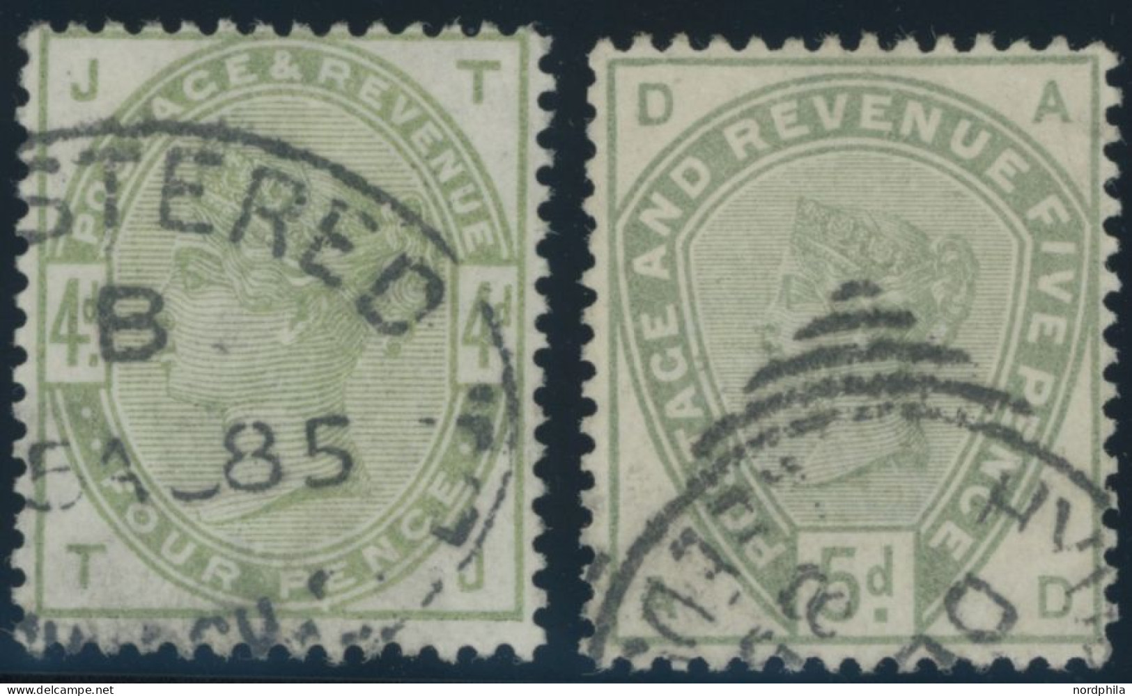 GROSSBRITANNIEN 77/8 O, 1884, 4 P. Und 5 P. Dunkelgraugrün, 2 Prachtwerte, Mi. 320.- - Gebruikt