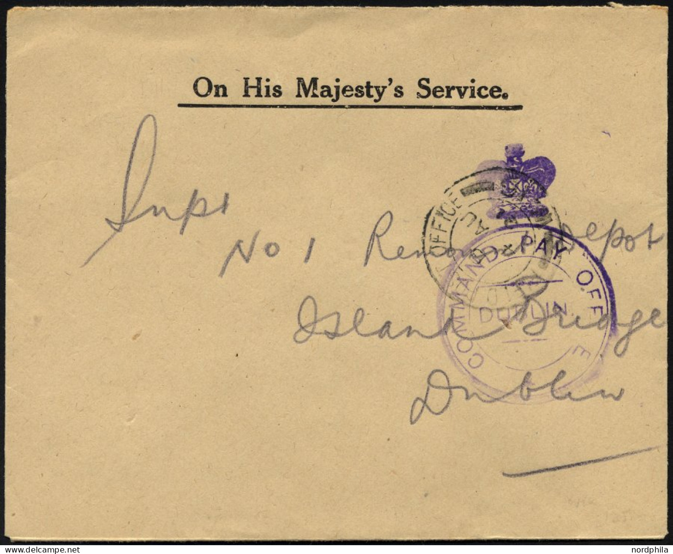 BRITISCHE MILITÄRPOST 1921, K2 FIELD POST OFFICE/W 16 Und Violetter Stempel COMMAND PAY OFFICE/DUBLIN Auf Militär-Dienst - Autres & Non Classés