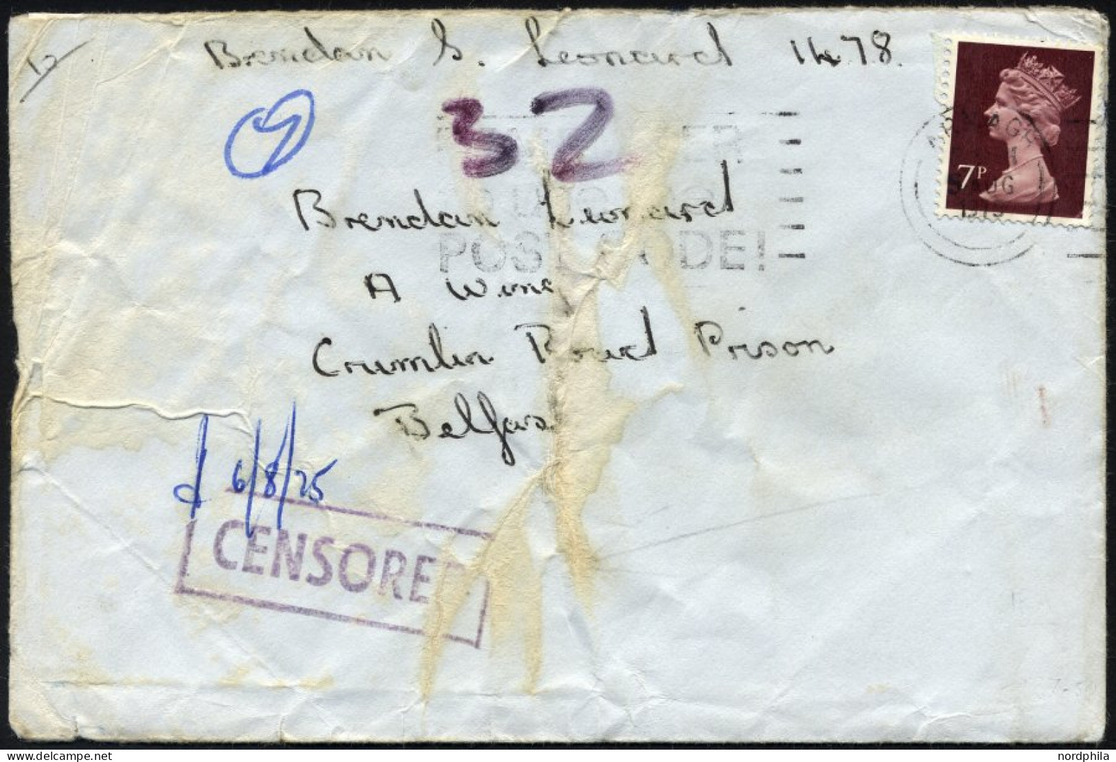BRITISCHE MILITÄRPOST 667 BRIEF, 1975, 7 P. Dunkellilabraun Auf Brief An Brendon Leonard Im Crumlin Road Gefängnis In Be - Other & Unclassified