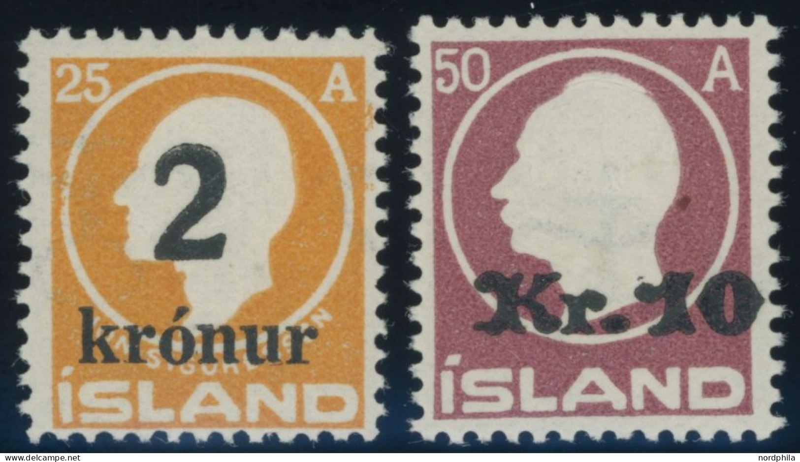 ISLAND 119/20 , 1925/6, 2 Kr. Auf 25 A. Orange Und 10 Kr. Auf 50 A. Lilarot, Falzrest, Pracht - Other & Unclassified