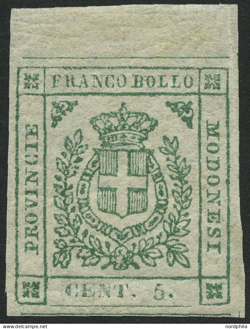 MODENA 7a , 1859, 5 C. Grün, Oberrandstück, Breitrandig, Falzrest, Pracht, Gepr. Drahn, Mi. 1200.- - Modena