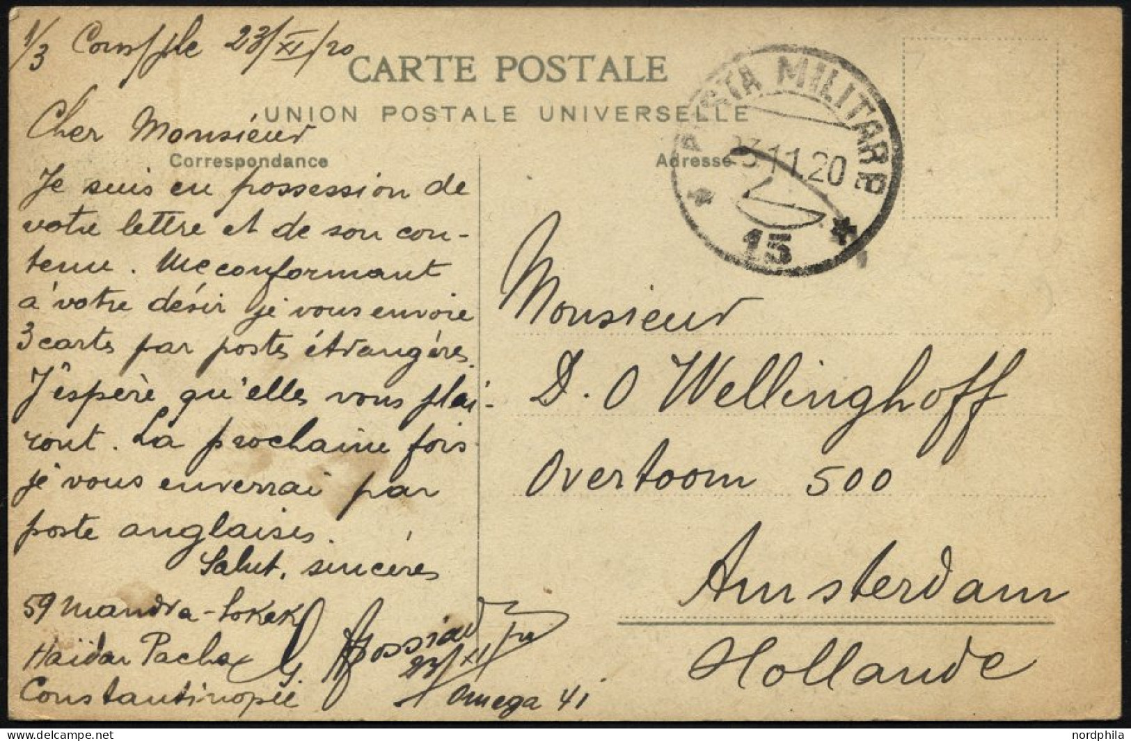 MILITÄRPOST 1920, K2 POSTA MILITARE/No. 15 Auf Feldpost-Ansichtskarte Aus Konstantinopel, Pracht - Covers & Documents