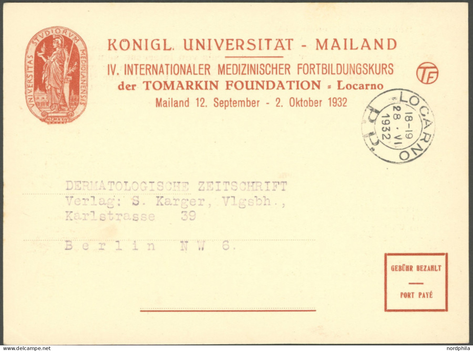 SAMMLUNGEN, LOTS 1932, Sonderkarte Der Königl. Universität - Mailand, IV. Internationaler Medizinischer Fortbildungskurs - Sammlungen