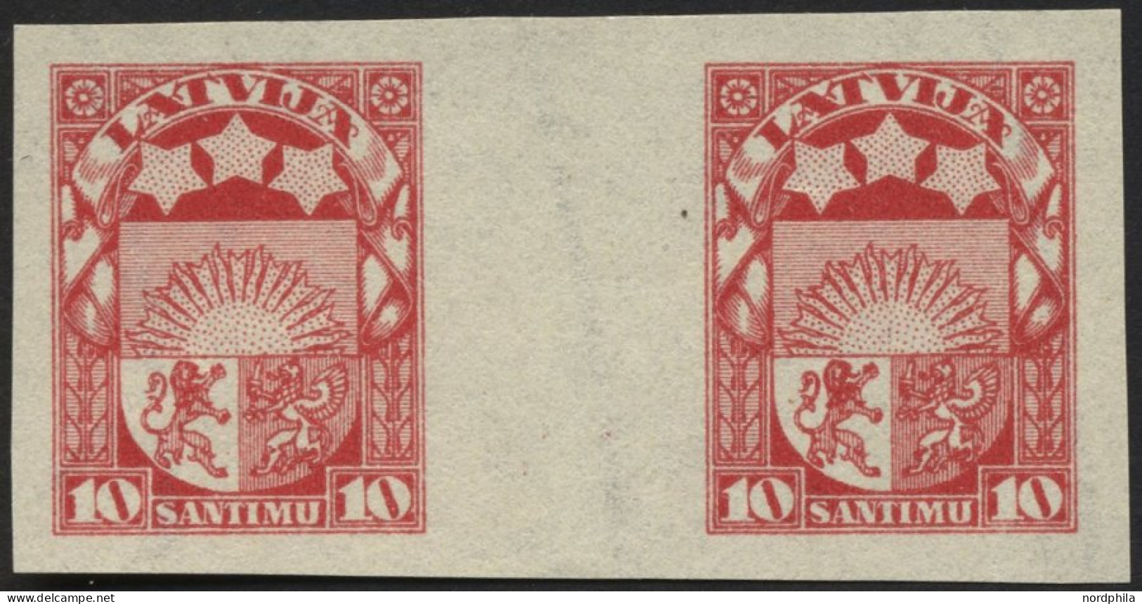 LETTLAND 93UZW , 1923, 10 S. Karmin, Ungezähnt Im Zwischenstegpaar, Ohne Gummi, Pracht - Latvia