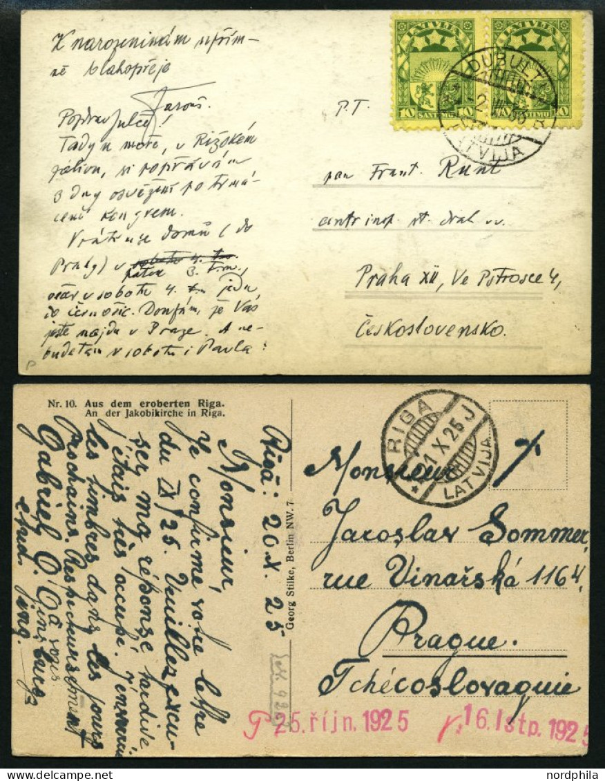 LETTLAND 120,174 BRIEF, 1925/33, 15 Und 10 S. Staatswappen, 2 Ansichtskarten In Die Tschechoslowakei, Pracht - Letonia