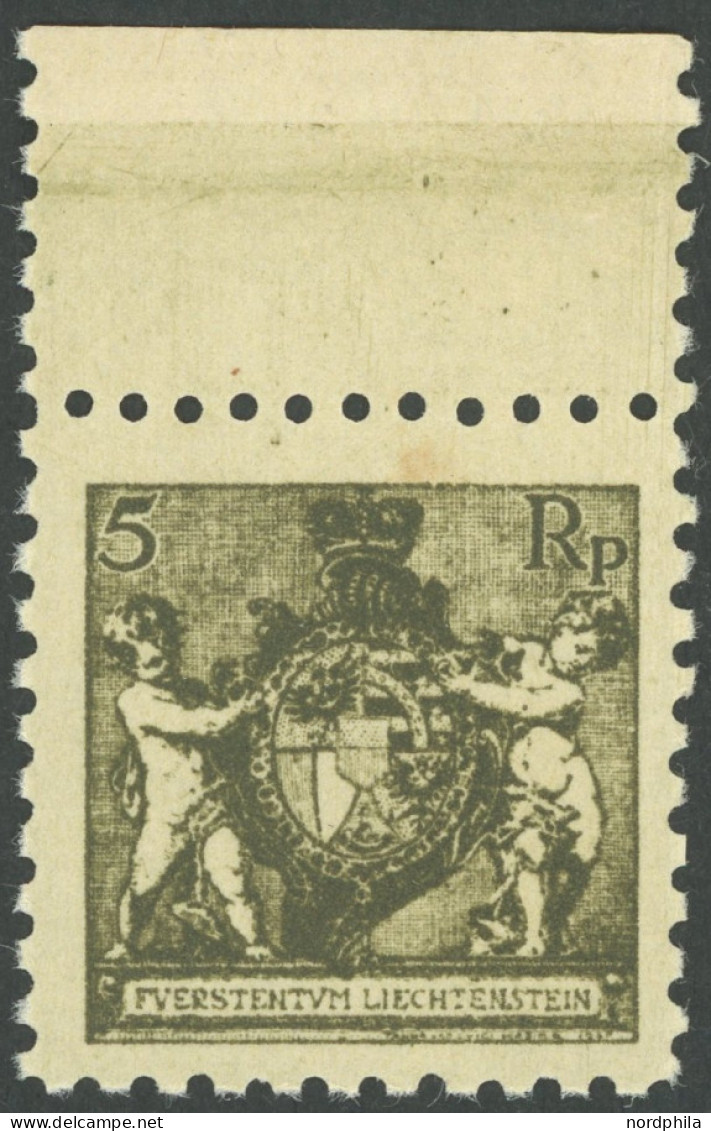 LIECHTENSTEIN 48A , 1921, 5 Rp. Schwarzbräunlicholiv, Gezähnt L 91/2, Oberrandstück, Postfrisch, Pracht, Mi. (280.-) - Other & Unclassified