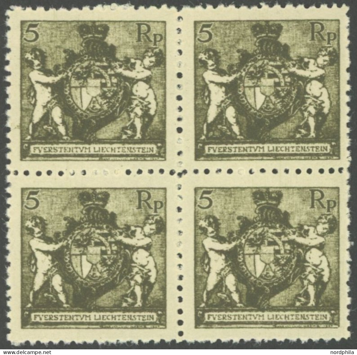 LIECHTENSTEIN 48B VB , 1921, 5 Rp. Schwarzbräunlilcholiv, Gezähnt L 121/2, Im Viererblock, Postfrisch, Pracht, Mi. (200. - Other & Unclassified