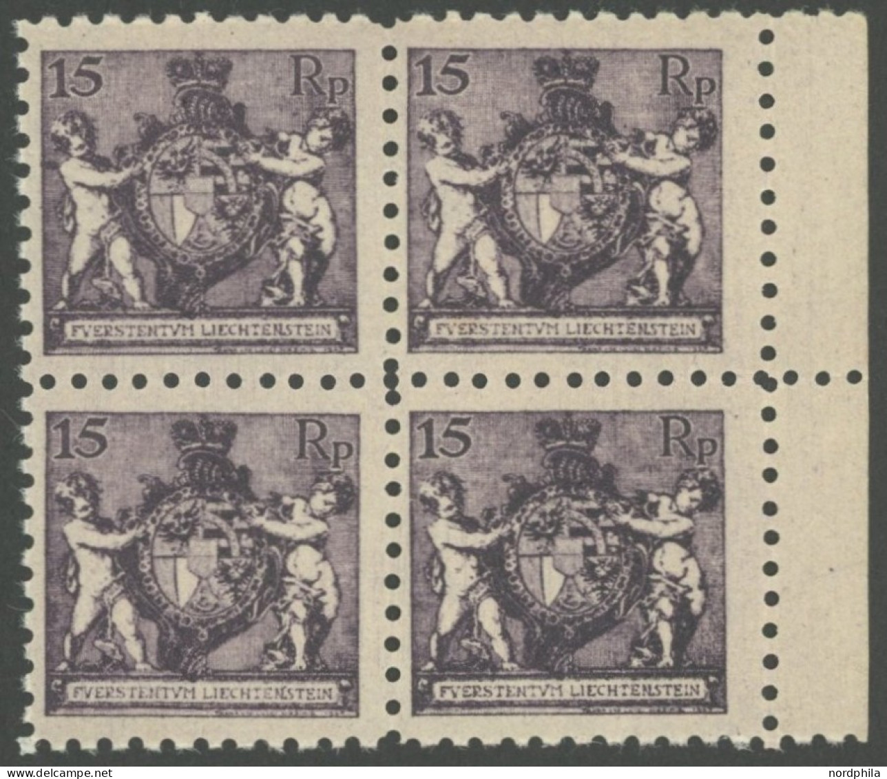 LIECHTENSTEIN 52A VB , 1921, 15 Rp. Schwarzgrauviolett, Gezähnt L 91/2, Im Viererblock, Postfrisch, Pracht, Mi. 240.- - Autres & Non Classés