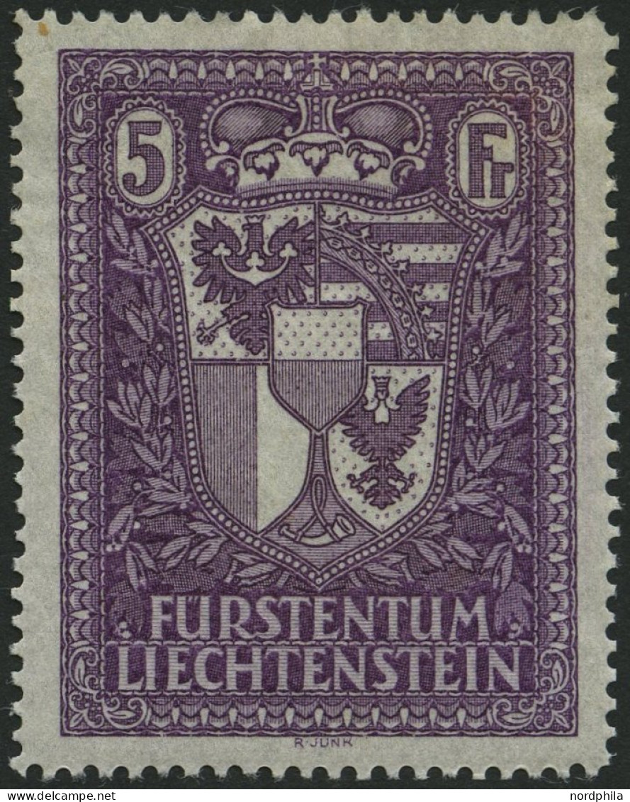 LIECHTENSTEIN 142 , 1935, 5 Fr. Landeswappen, Falzreste, Pracht - Autres & Non Classés