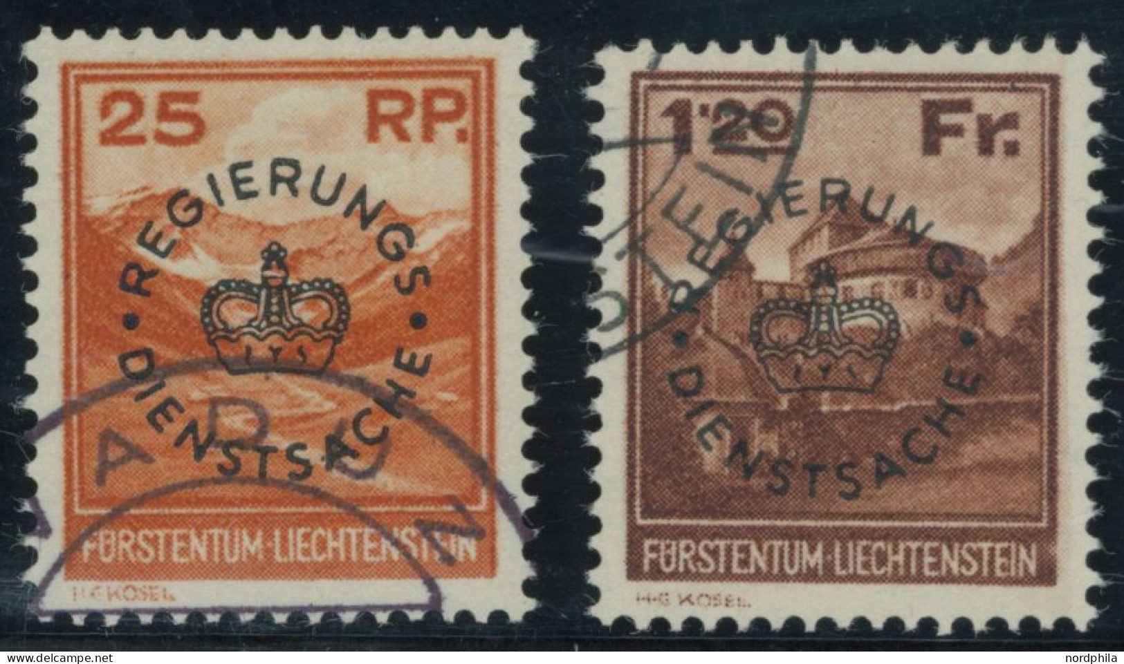 DIENSTMARKEN D 9/10 O, 1933, 25 Rp. Valünatal Und Naafkopf Und 1.20 Fr. Burg Vaduz, 2 Prachtwerte, Mi. 475.- - Service