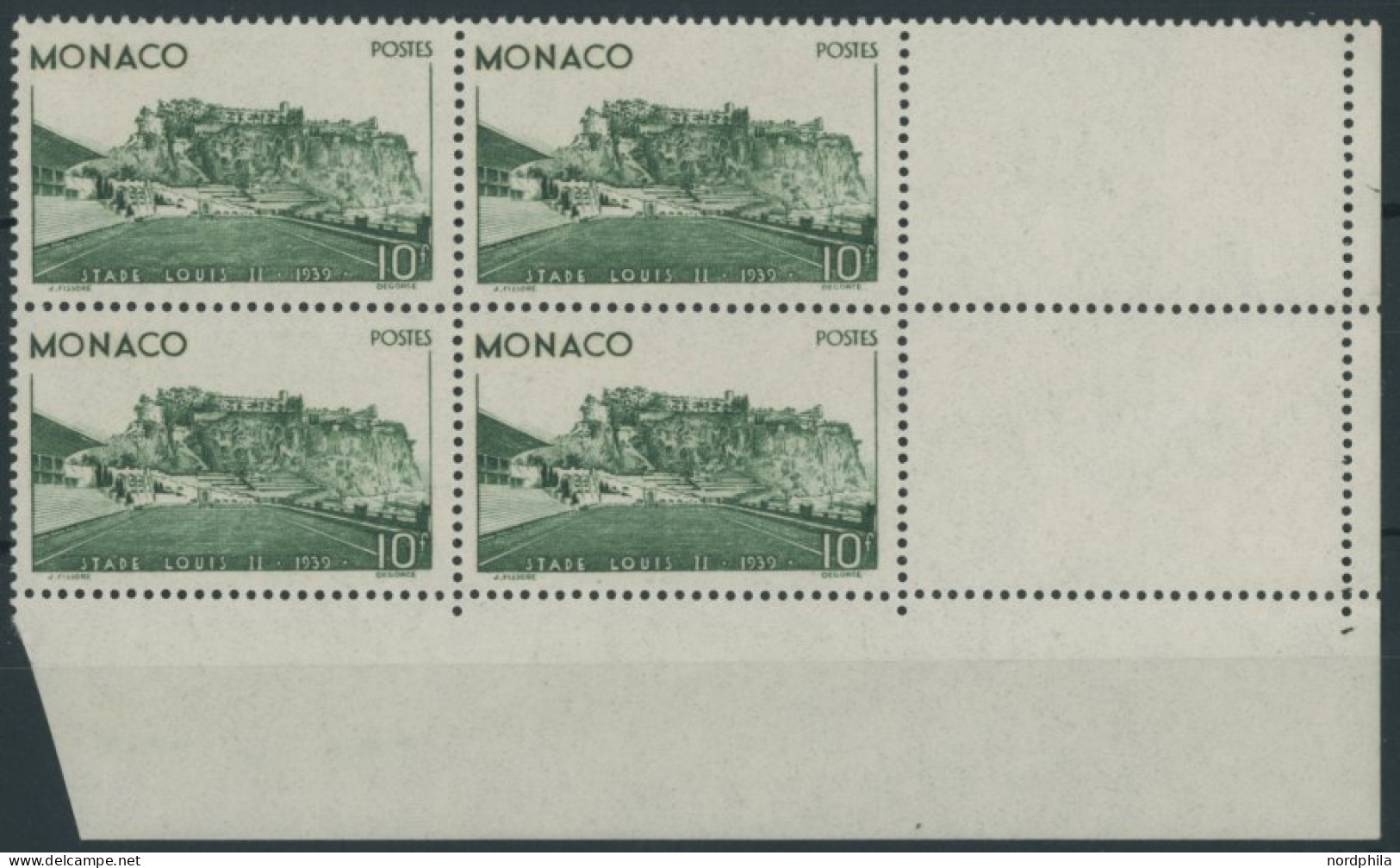 MONACO 189 VB , 1939, 10 Fr. Louis-II. Stadion Im Eckrandviererblock Mit 2 Leerfeldern, Postfrisch, Pracht, Mi. 680.- - Andere & Zonder Classificatie