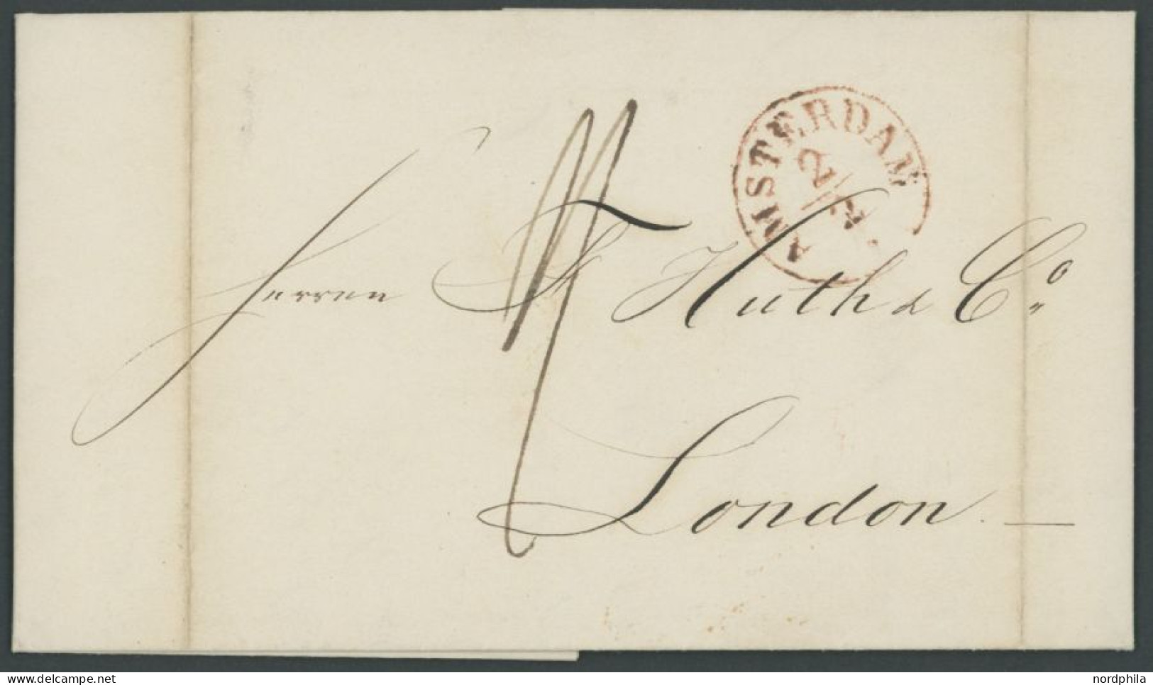 NIEDERLANDE 1847, Roter K1 AMSTERDAM Auf Brief Nach London, Reg-büge Sonst Pracht - Other & Unclassified