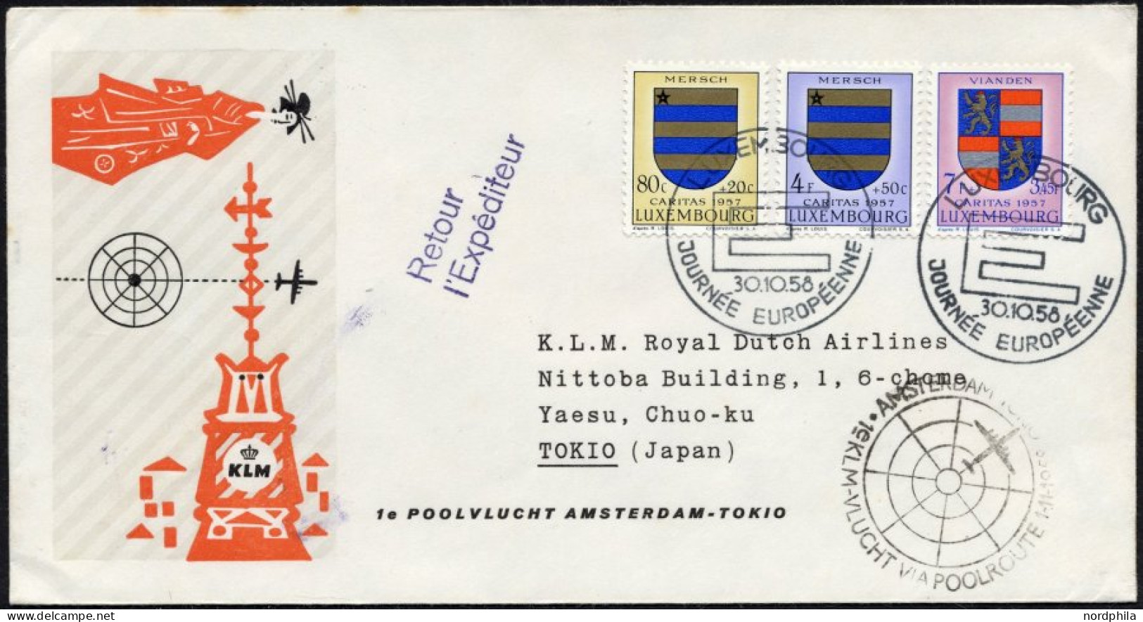 NIEDERLANDE 30.10.58, KLM Erstflug über Die Nordpolroute AMSTERDAM-TOKIO (Luxemburg-Zuleitung Mi.Nr. 576,579/80), Pracht - Correo Aéreo