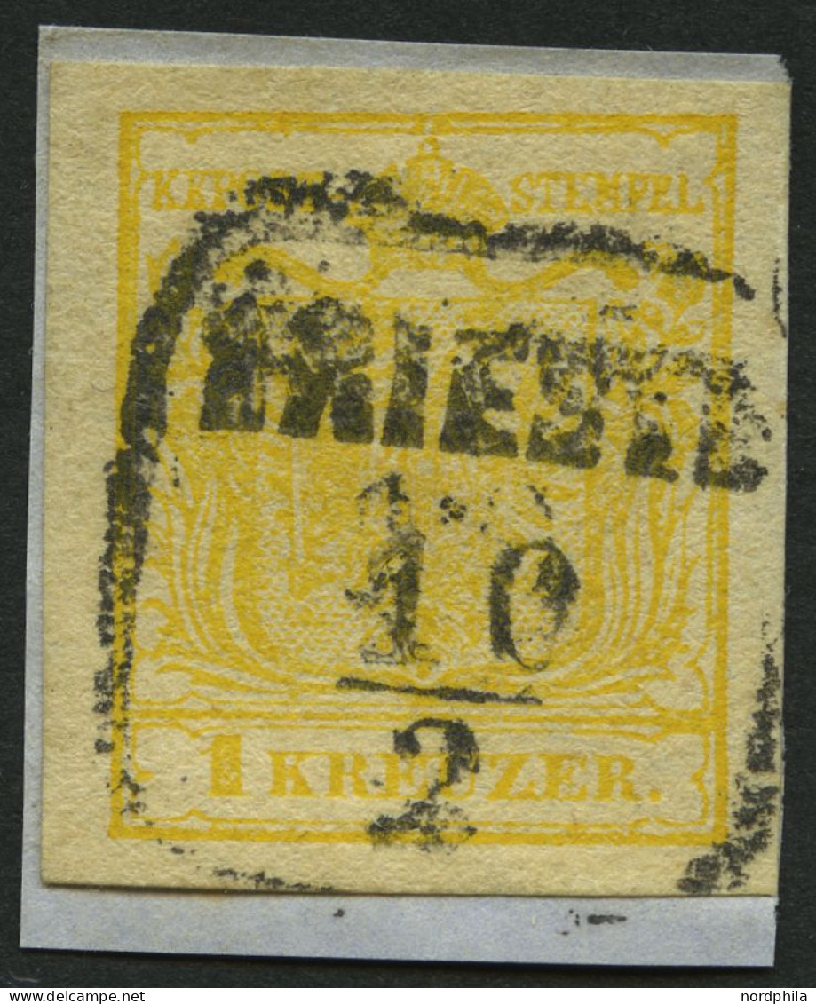 ÖSTERREICH 1Xd BrfStk, 1850, 1 Kr. Kadmiumgelb, Handpapier, Type III, K3 TRIESTE, Breitrandig, Knappes Prachtbriefstück, - Autres & Non Classés