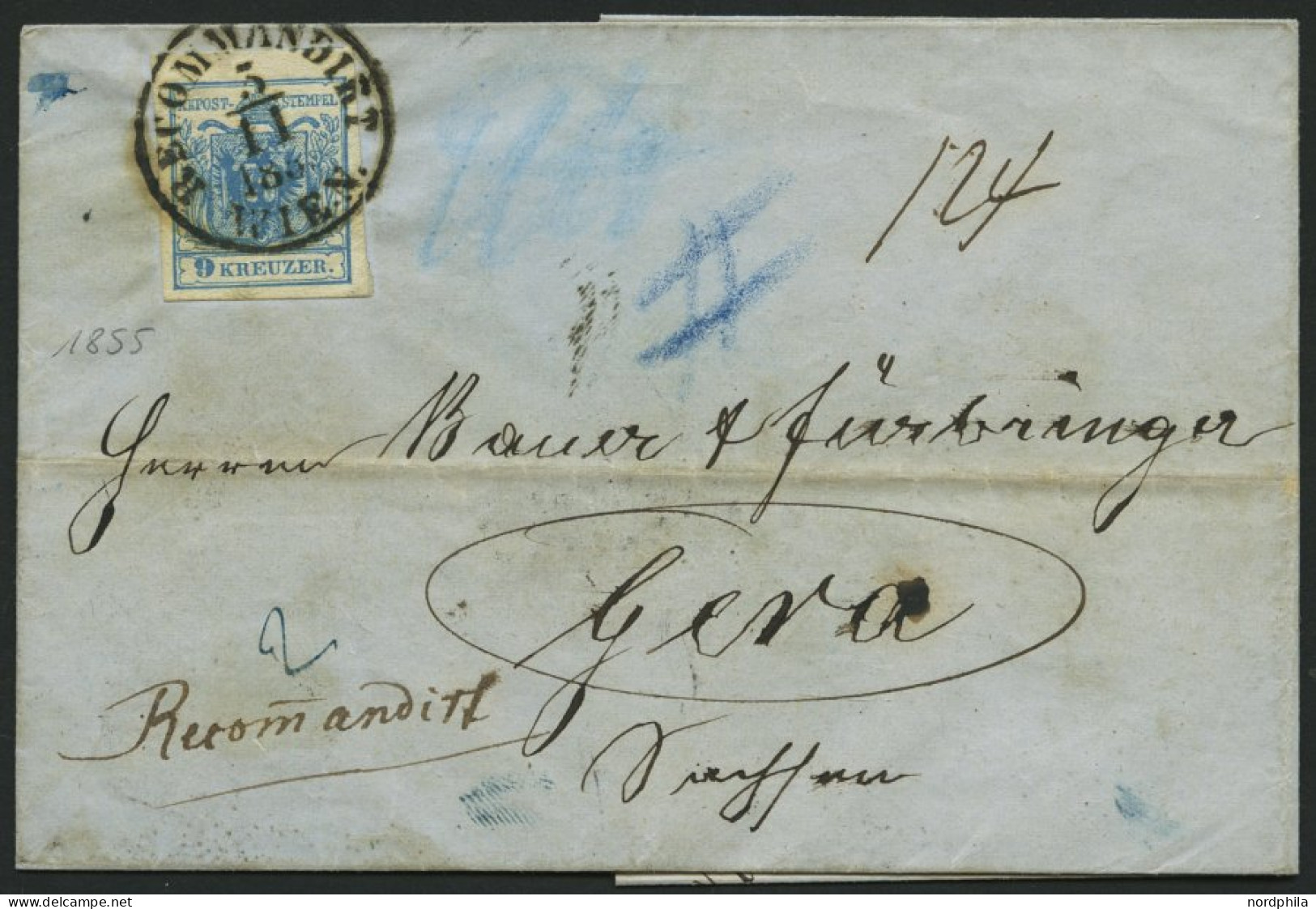 ÖSTERREICH 5Y BRIEF, 1855, 9 Kr. Blau, Maschinenpapier, Type IIIb, K1 RECOMMANDIRT WIEN, Rückseitig Defekte 6 Kr., Prach - Other & Unclassified