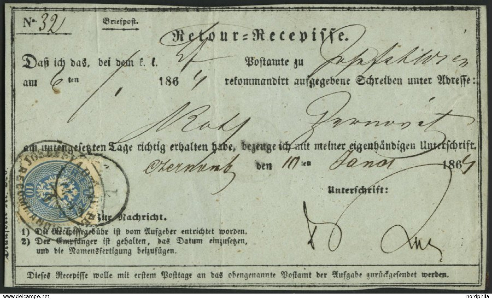 ÖSTERREICH 27 BRIEF, 1864, 10 Kr. Blau Auf Retour-Recepisse Mit Ovalstempel JOSEPHSTADT RECOMMANDIRT, Pracht - Used Stamps