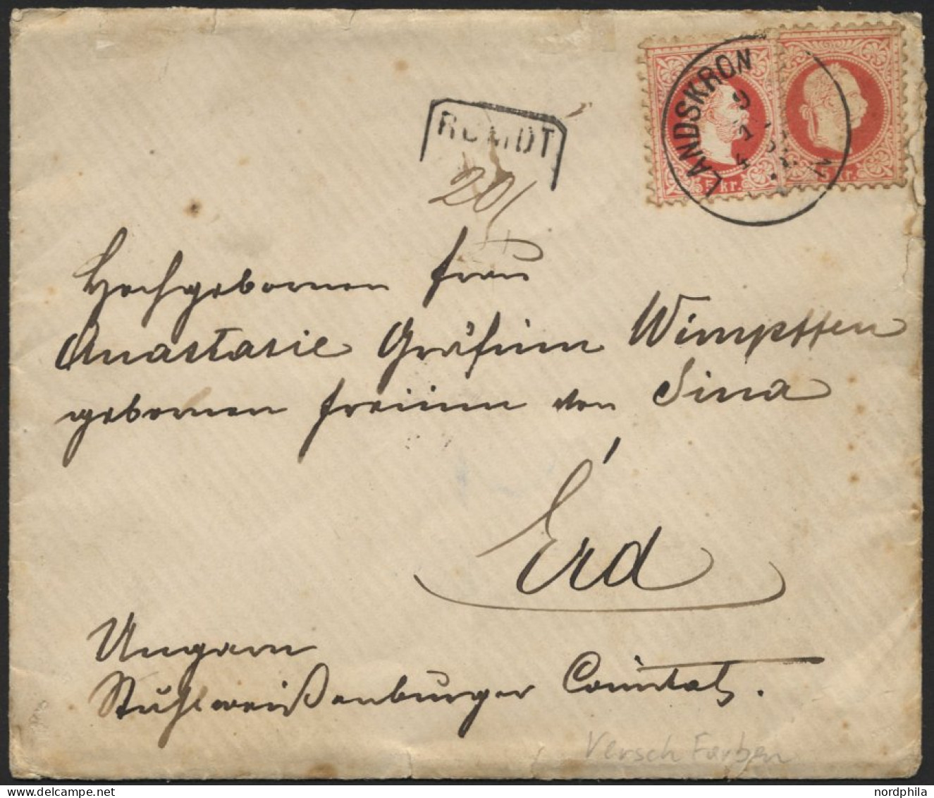 ÖSTERREICH 37II BRIEF, 1878, 5 Kr. Rot, Feiner Druck, 4x (dabei Ein Paar Rückseitig) Auf Reco-Brief Von LANDSKRON Nach E - Gebraucht