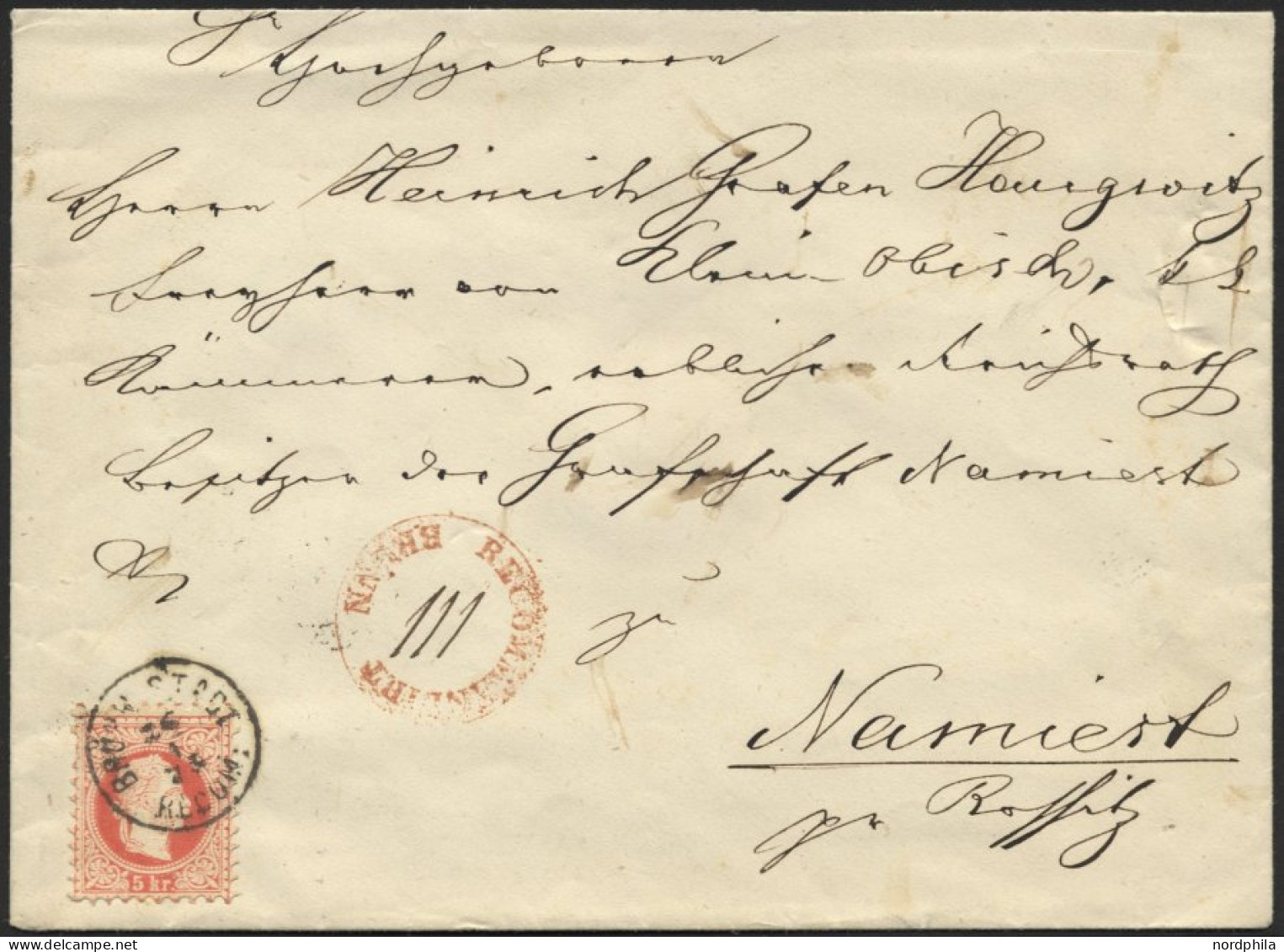ÖSTERREICH 37/8II BRIEF, 1875, 5 Kr. Rot Und 10 Kr. Blau (rückseitig), Feiner Druck, Auf Brief Aus BRÜNN, Roter Nebenste - Gebruikt