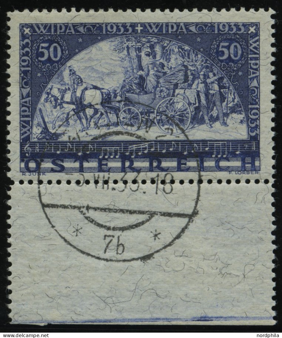 ÖSTERREICH 556A O, 1933, 50 G. WIPA, Faserpapier, Unterrandstück, Tagesstempel WIEN, Pracht, Mi. 800.- - Used Stamps