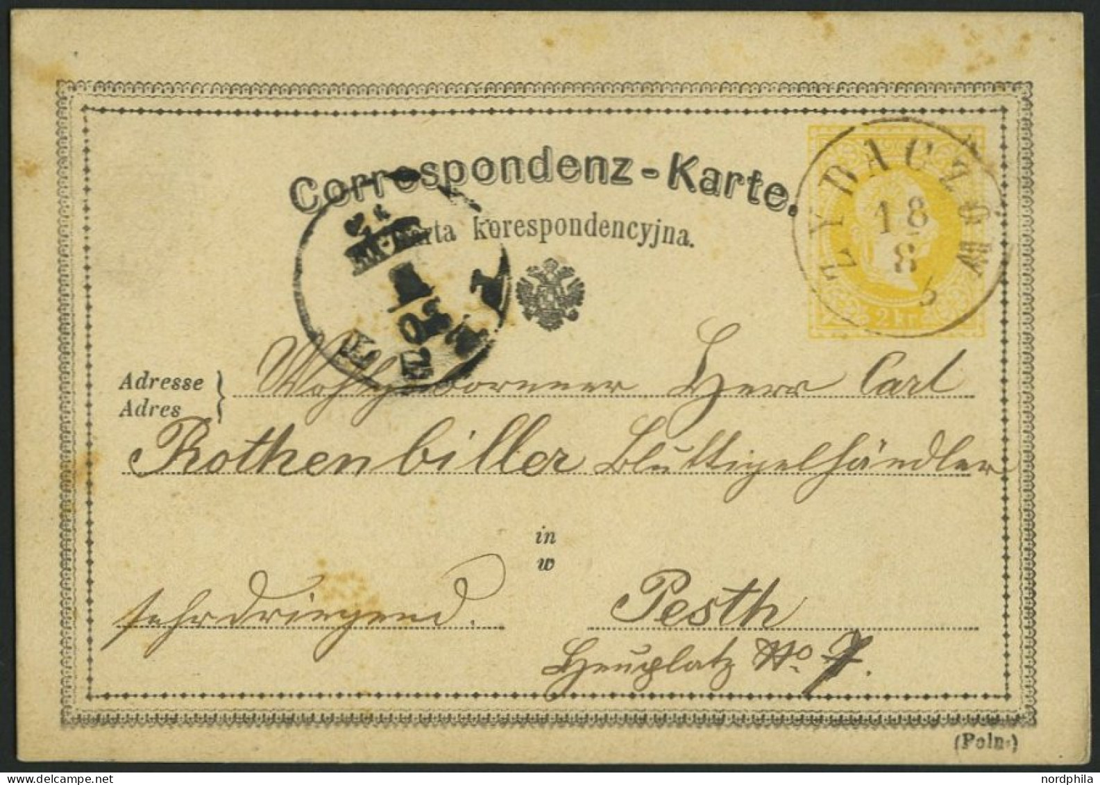 GANZSACHEN P 20 BRIEF, 1873, 2 Kr. Gelb, Karte (Poln.) Von ZYBACZOW Nach Pesth, Feinst - Other & Unclassified