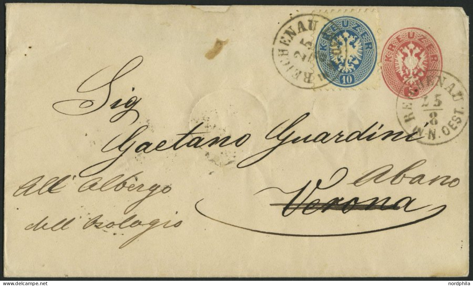GANZSACHEN U 33,33 BRIEF, 1865, 5 Kr. Rot, Wz. 1, Umschlag Mit Zusatzfrankatur 10 Kr. Blau Von REICHENAU Nach Abano, Fei - Other & Unclassified