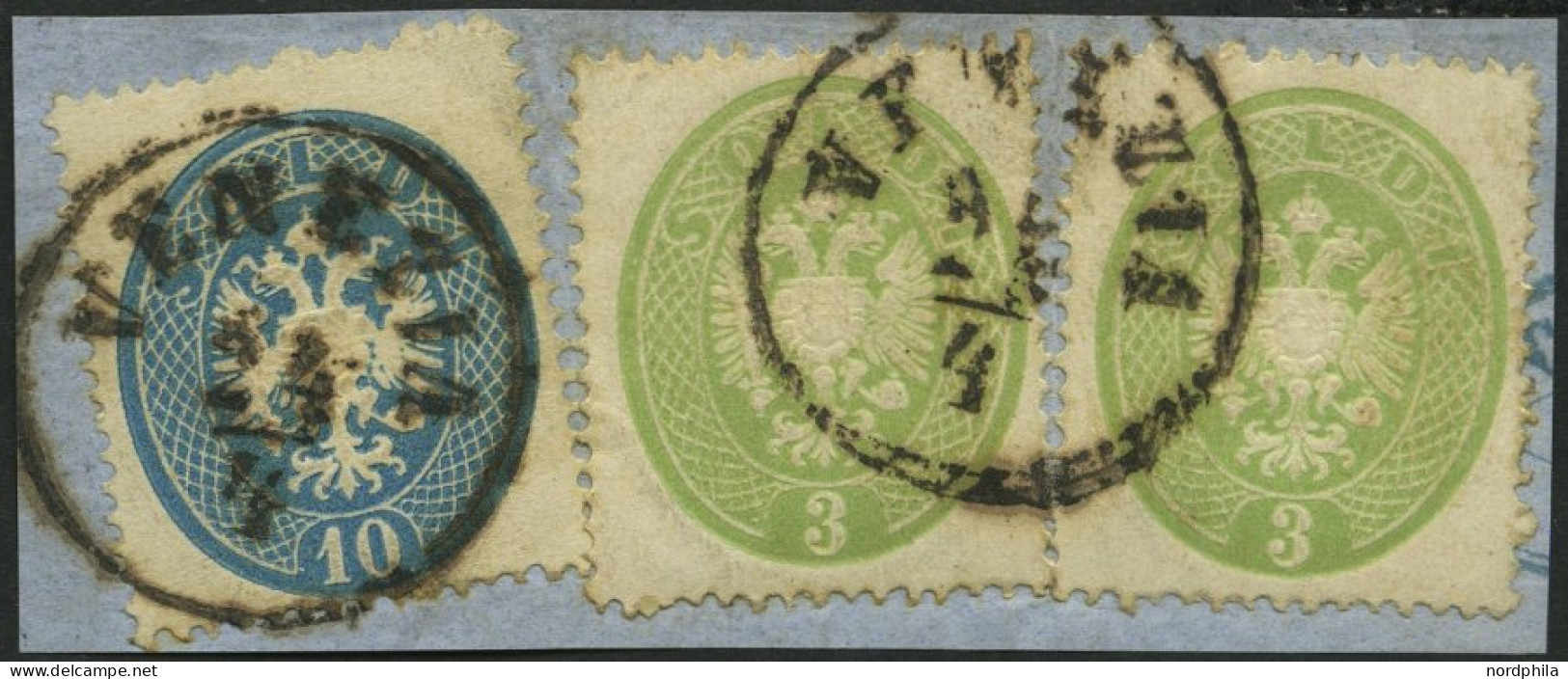 LOMBARDEI UND VENETIEN 15,17 BrfStk, 1863, 3 So. Grün (2x) Und 10 So. Blau Auf Prachtbriefstück, K1 VENEZIA, Gepr. Dr. F - Lombardije-Venetië